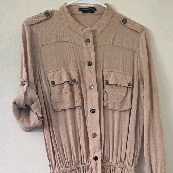 BCBGMaxAzria Pants - BCBGMAXAZRIA Tan Utility Romper Long Sleeve Button Front Elastic Waist Small